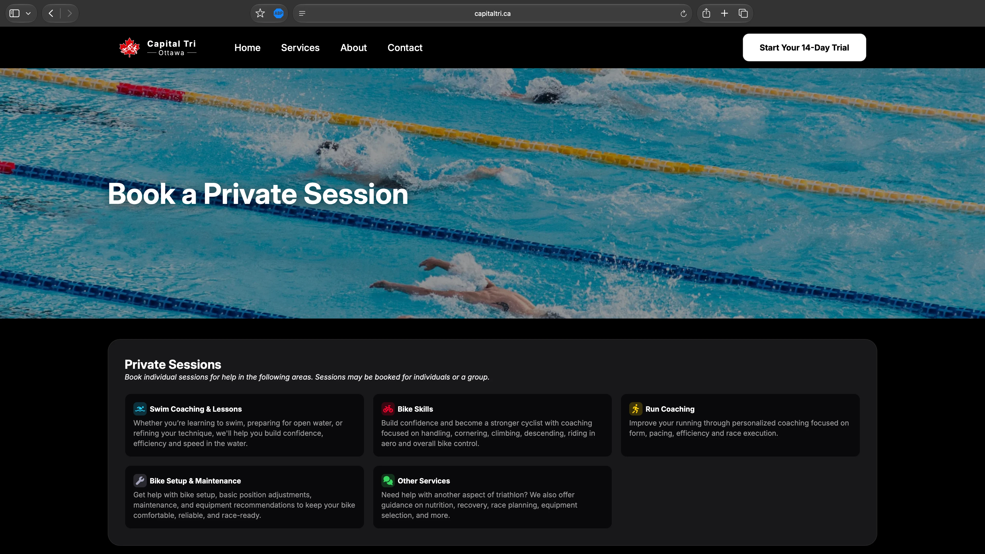 a screenshot showing Capital Tri's private sessions page
