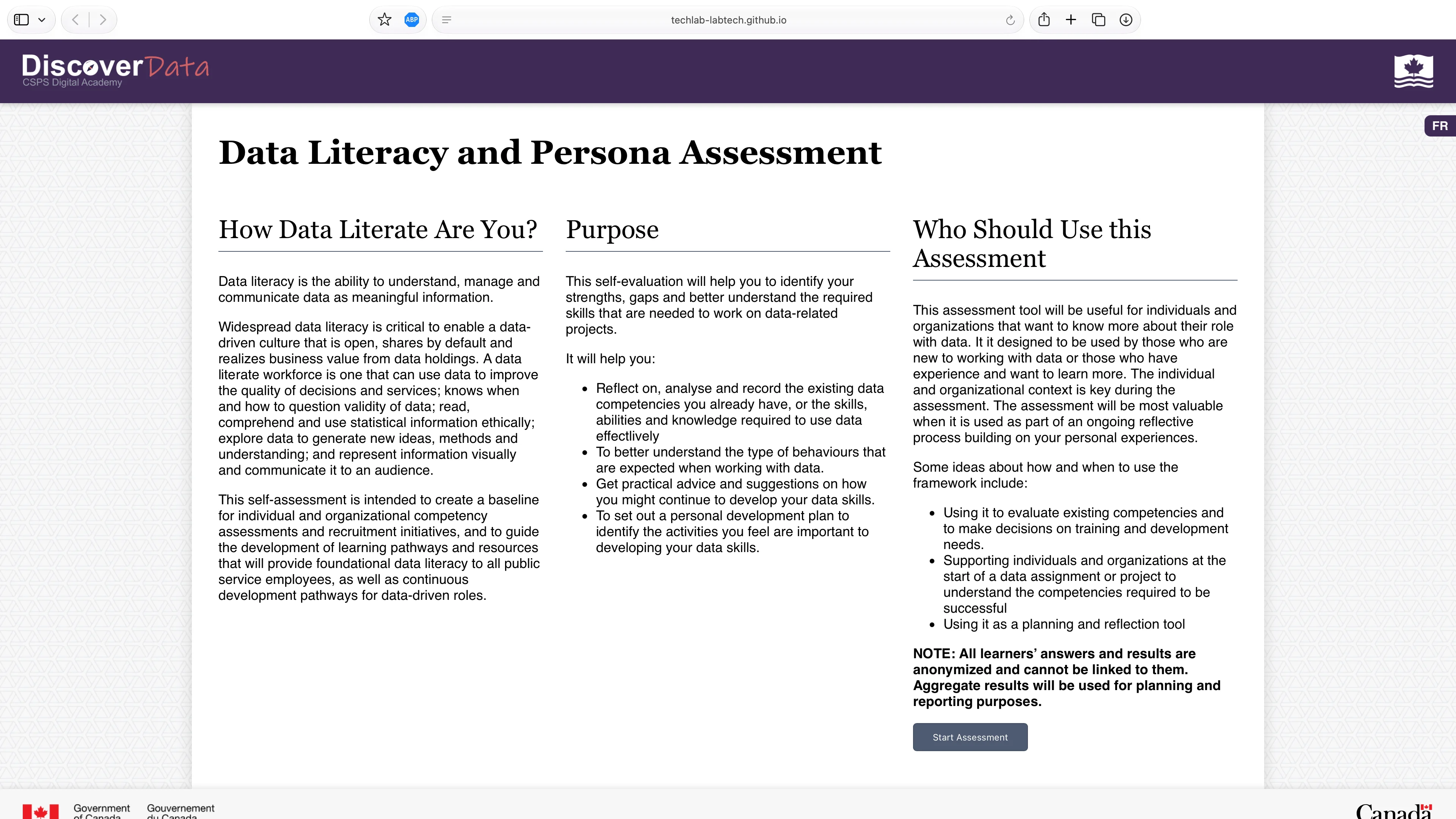 a screenshot showing the start screen of the Data Literacy Assessment