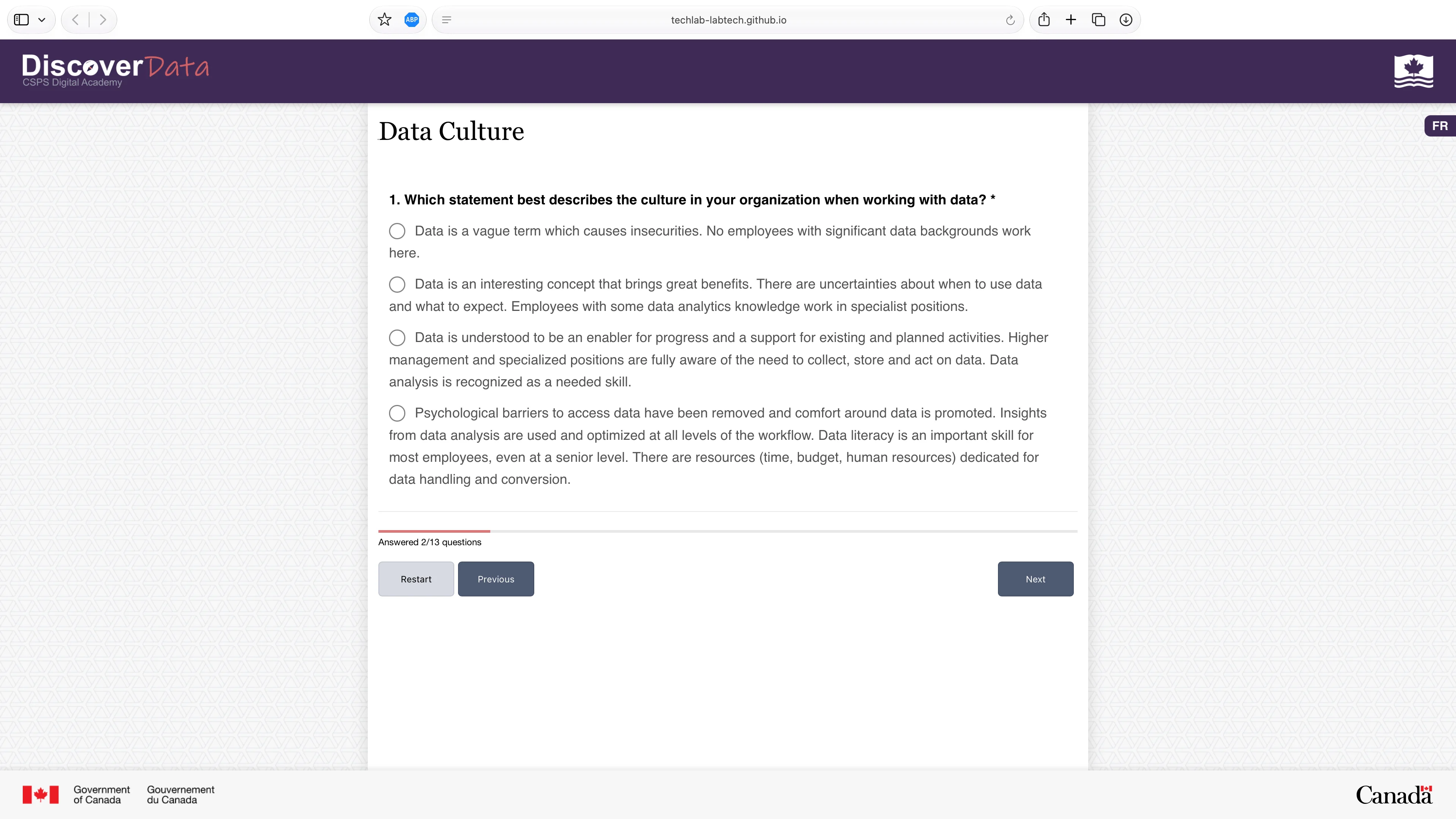 a screenshot of a multiple choice question in the Data Literacy Assessment