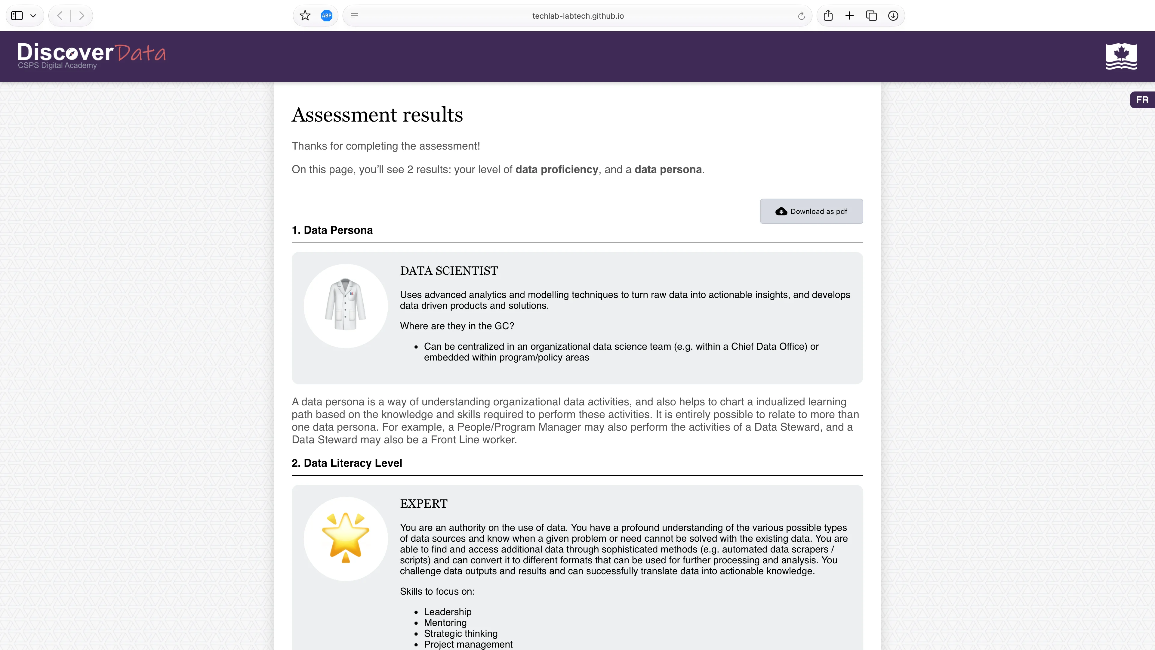 a screenshot of the Data Literacy Assessment's results page