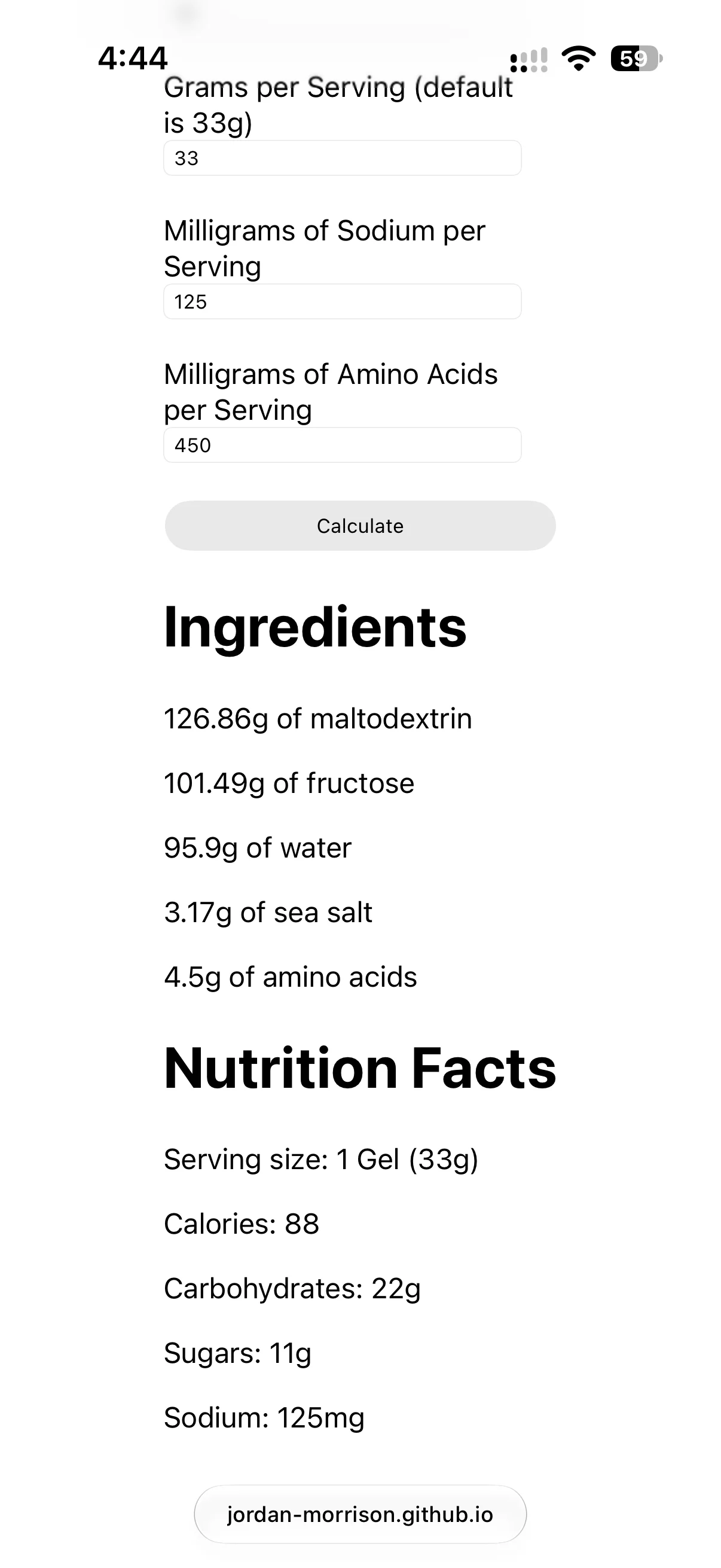 a screenshot showing the calculated ingredients and nutrition facts from the Gel Calculator