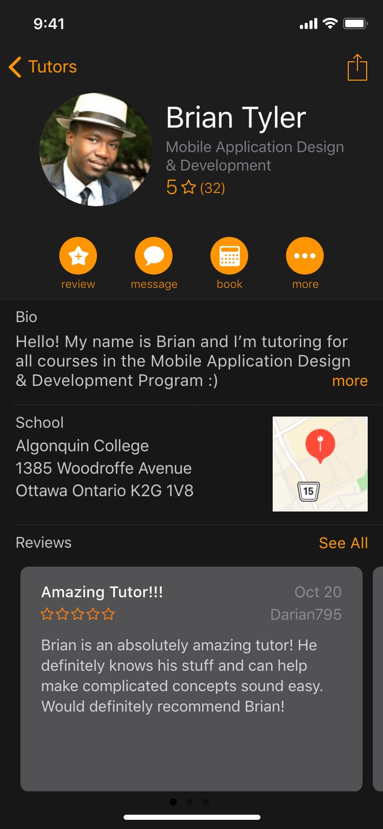 a screenshot of the tutor details screen in dark mode on Lightning Tutoring