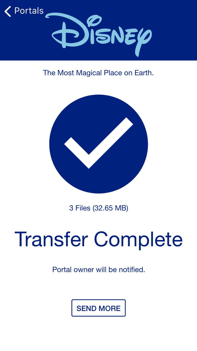 a screenshot showing a completed file transfer in the Disney portal