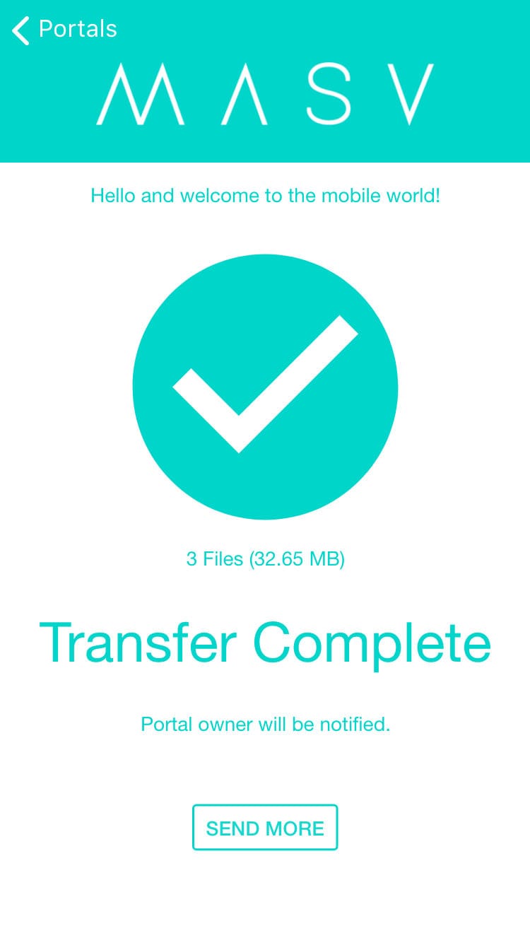 a screenshot showing a completed file transfer in the MASV portal