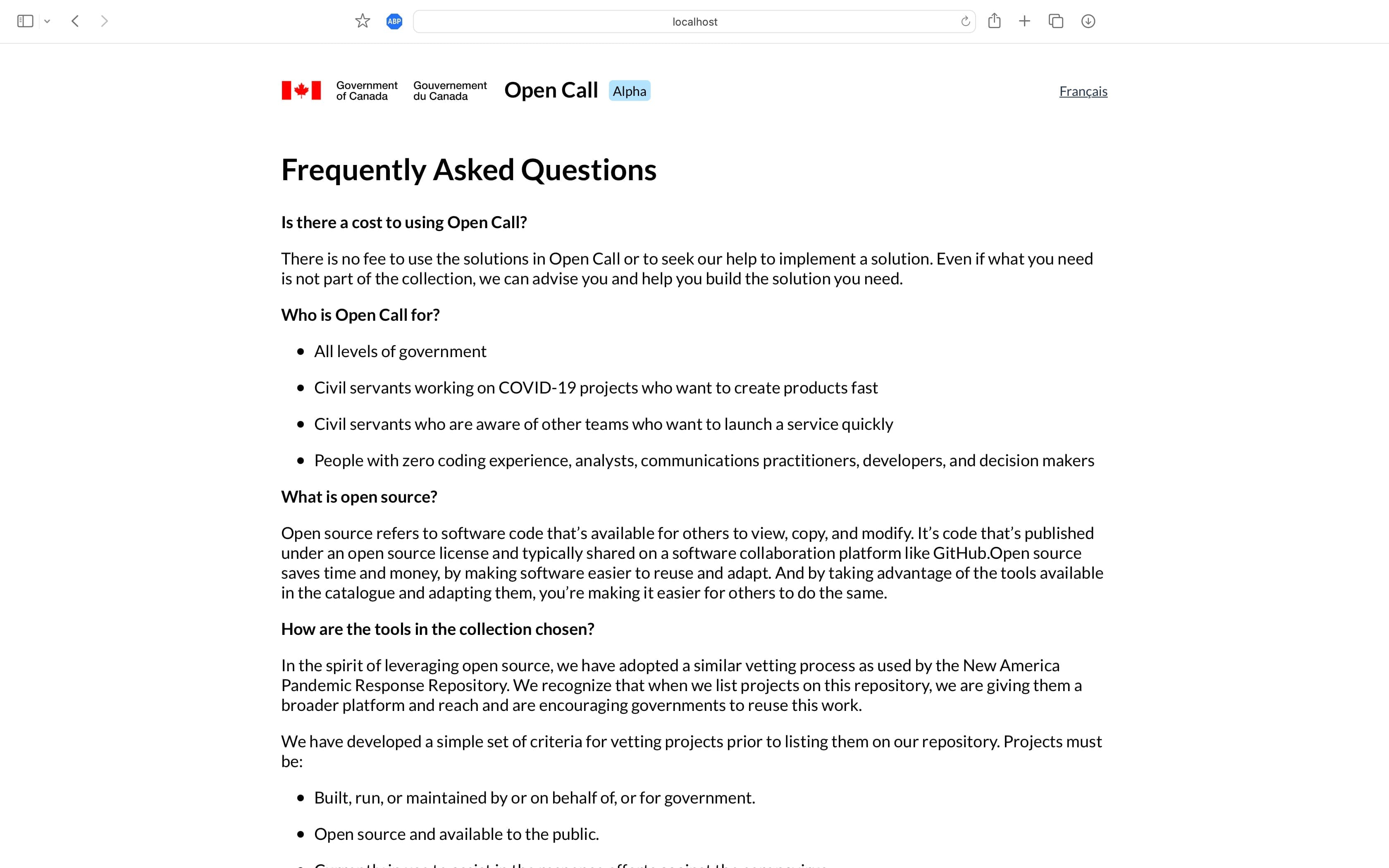 a screenshot of the FAQ page in Open Call