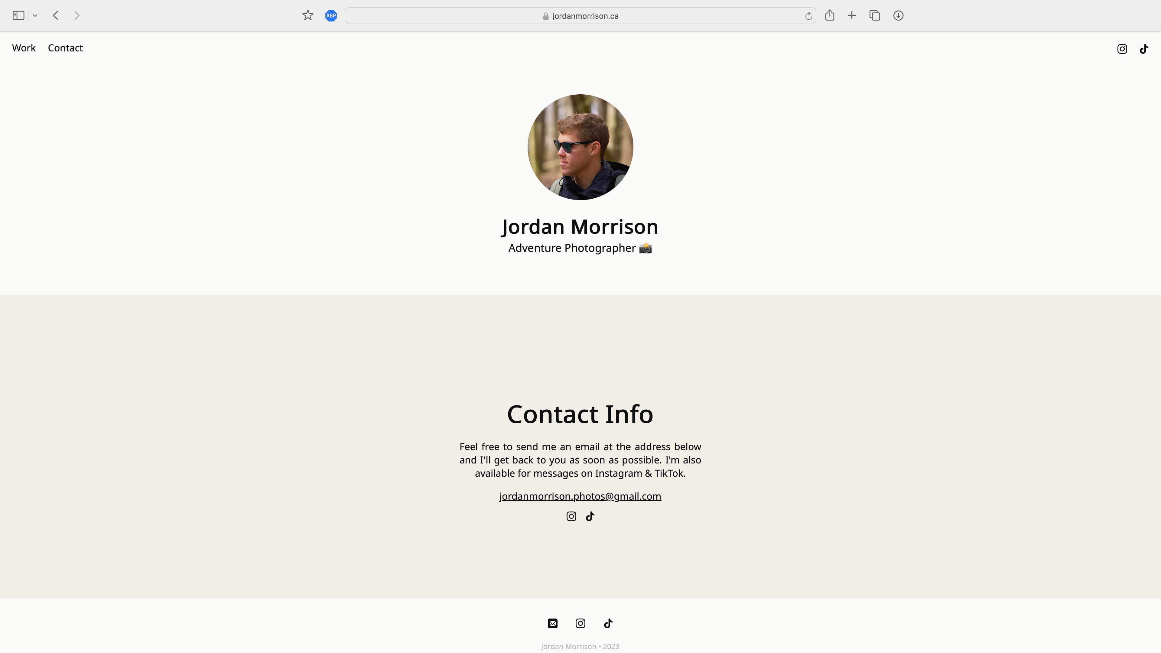a screenshot of the contact page on Jordan Morrison's photography portfolio