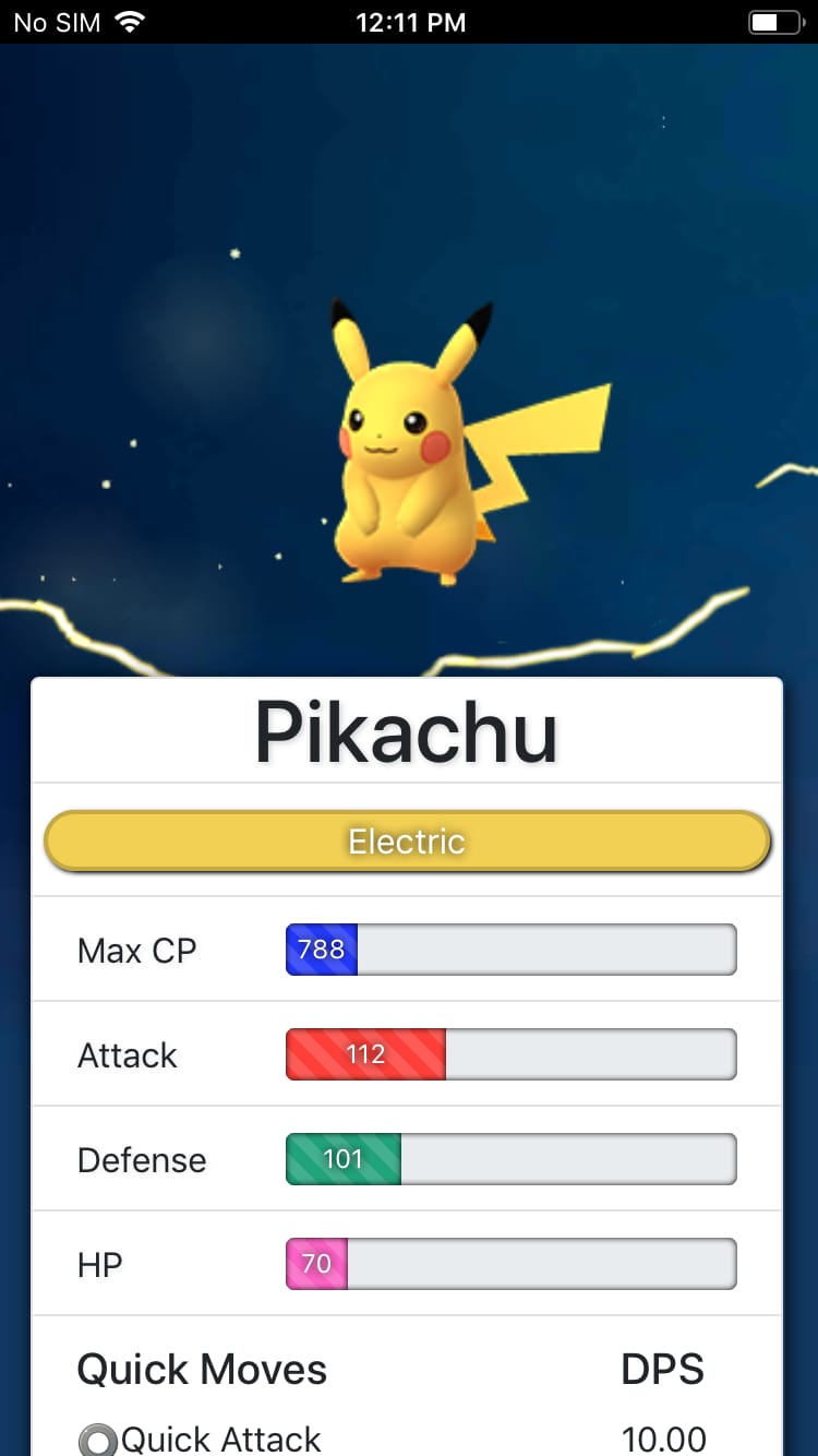 a screenshot showcasing the stats of a Pikachu in Pokédex Go
