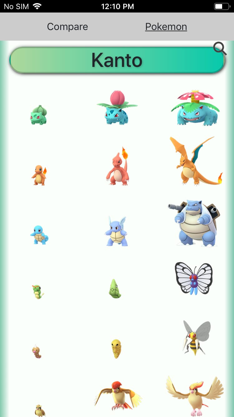 a screenshot of the Pokémon list view in Pokédex Go