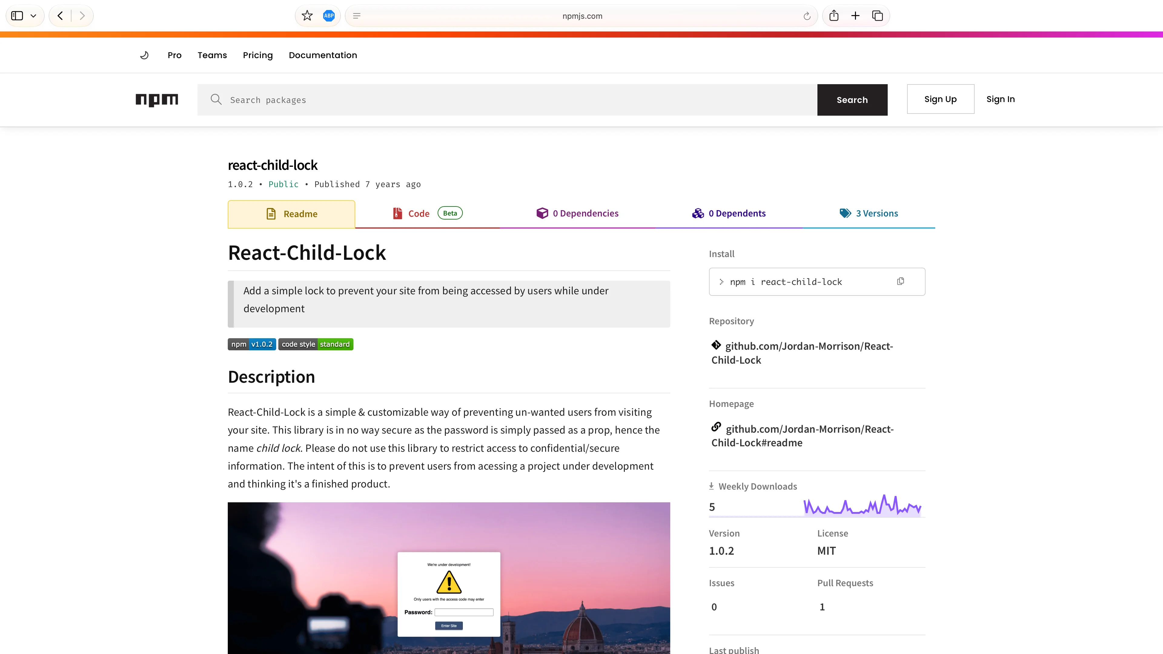 a screenshot showing React Child Lock on NPM
