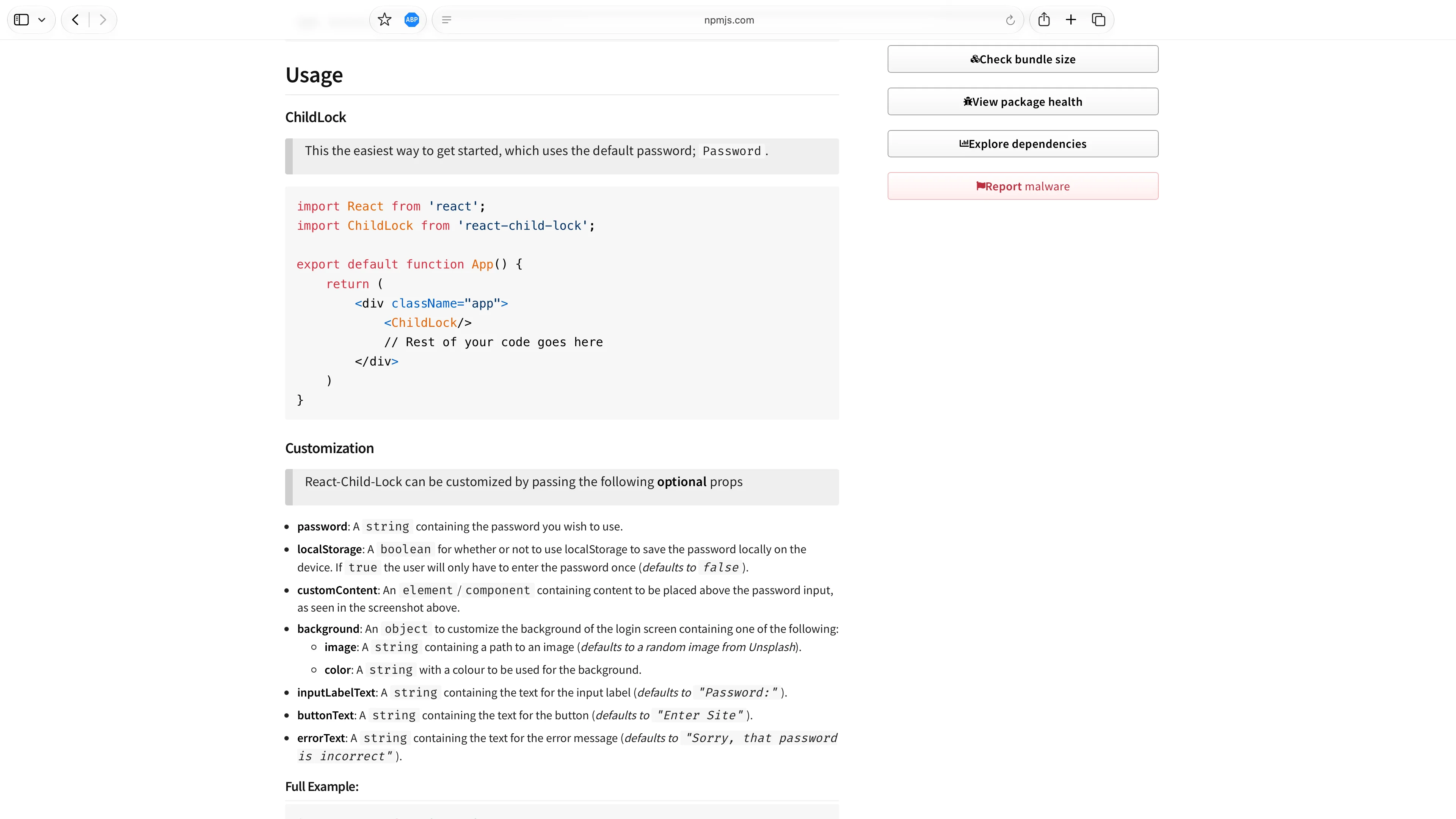 a screenshot showcasing the instructions for React Child Lock on NPM