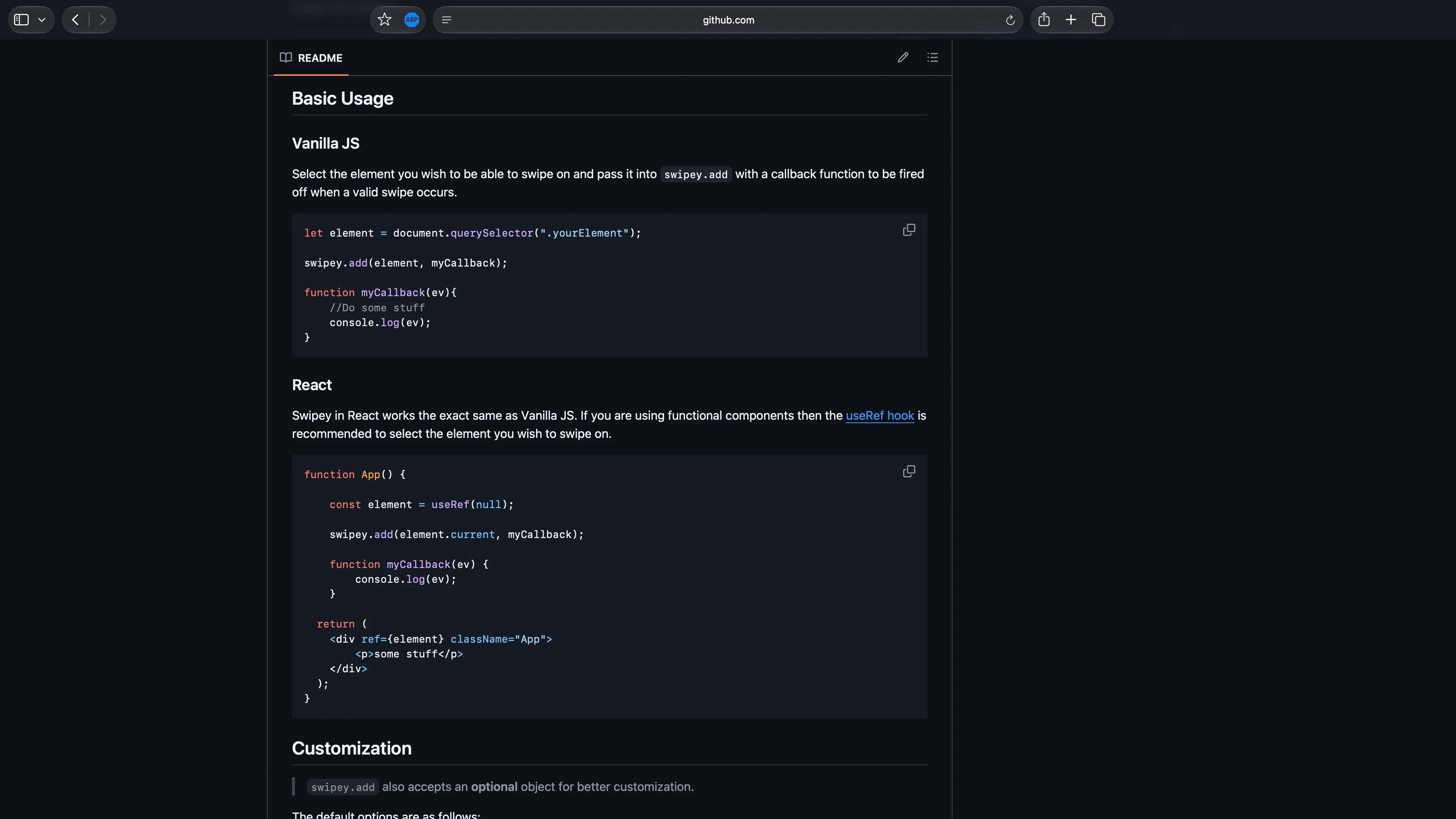 a screenshot showing the instructions for Swipey.js on GitHub