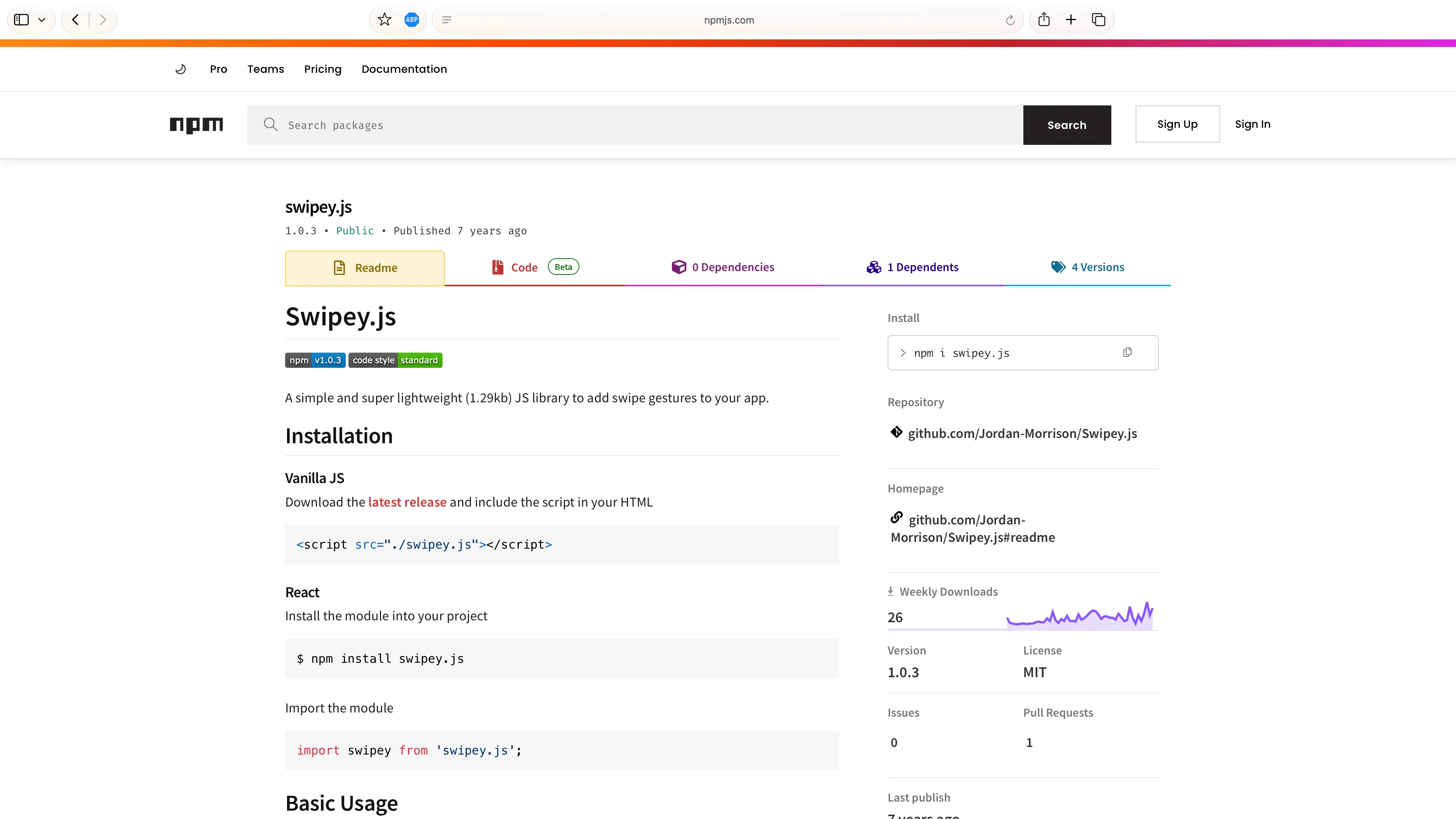 a screenshot of Swipey.js on NPM
