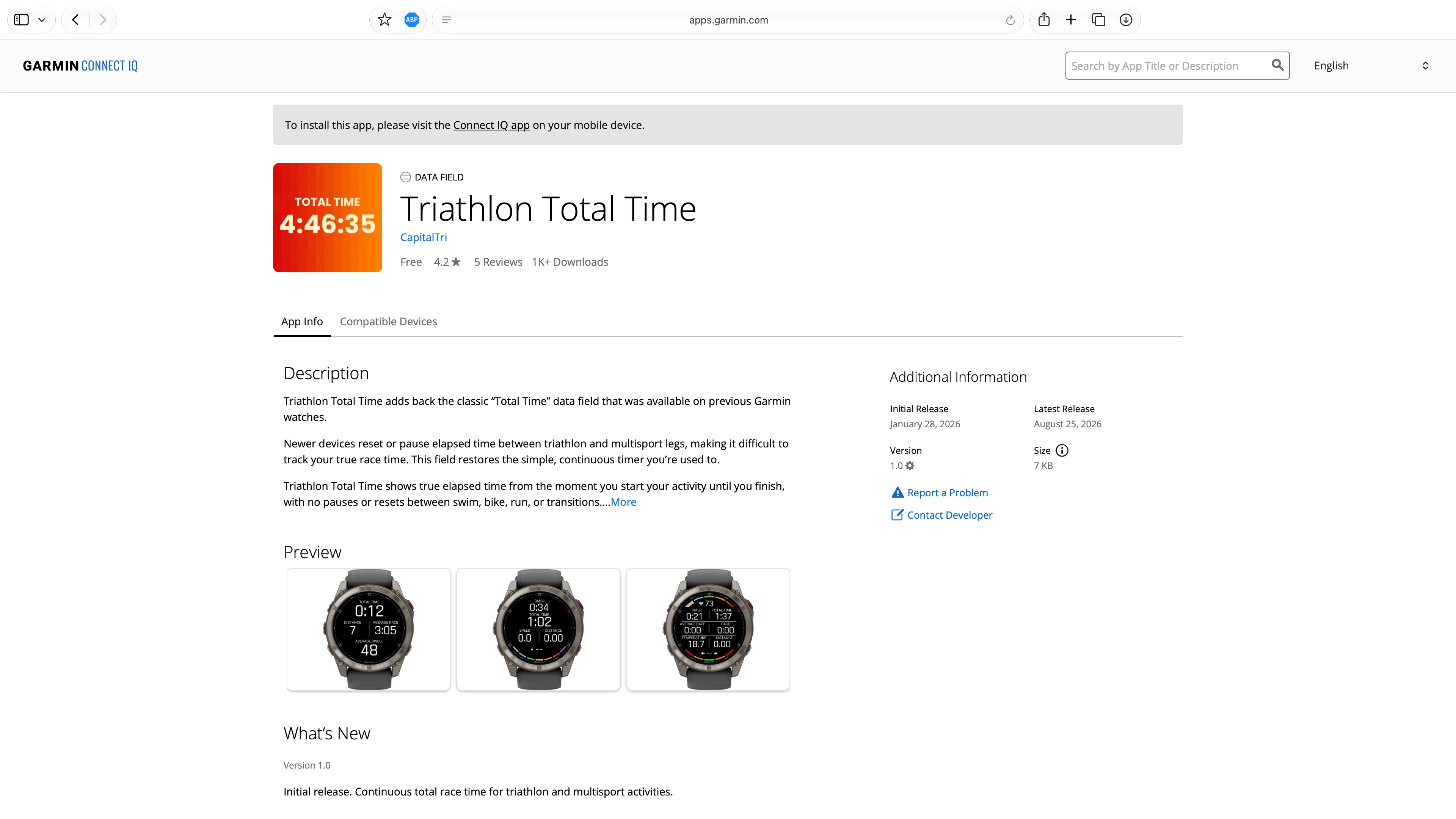 a screenshot showing Triathlon Total Time on the Garmin Connect IQ store