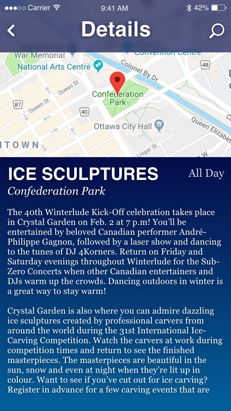 a screenshot showcasing the layout for the activity details page in the Winterlude App