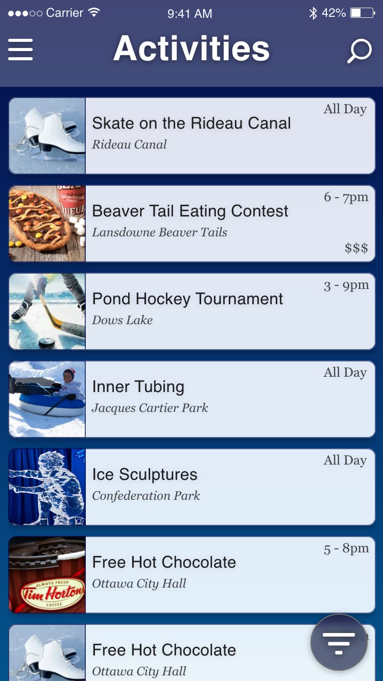 a screenshot of the activities screen for the Winterlude App